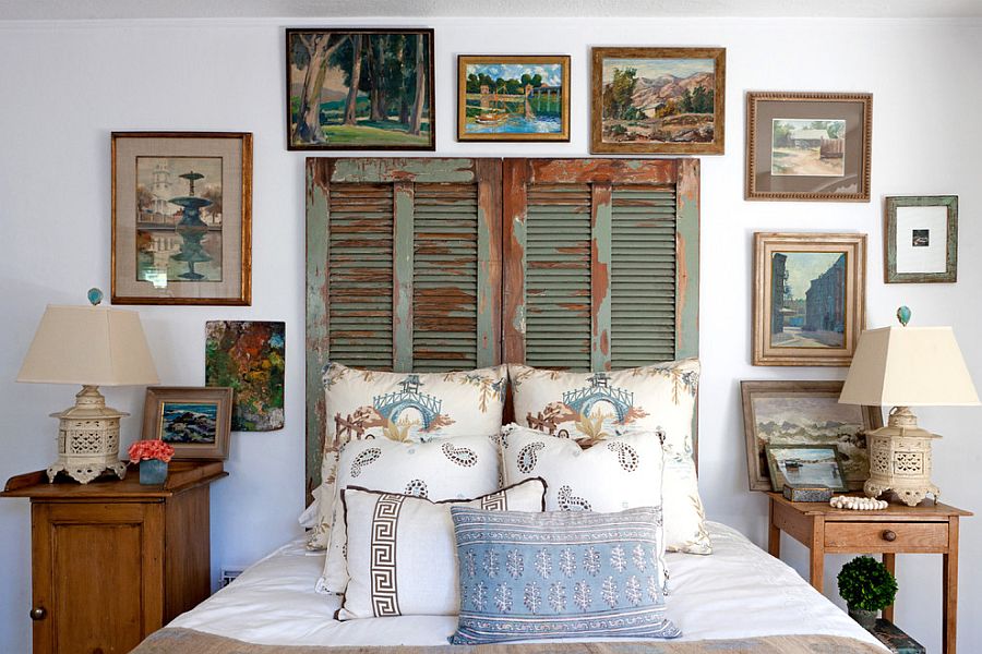 Old shutters repurposed as unique headboard for the shabby chic bedroom [Design: Leslie L. Hunt Interior Design]