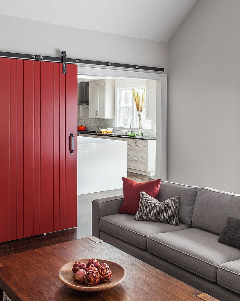 Posh living room in gray with a healthy dose of red [From: Sean Litchfield Photography]