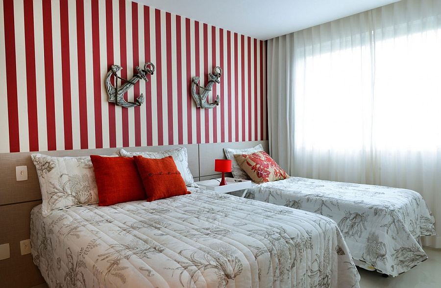 Red and white stripes for the nautical themed bedroom in white