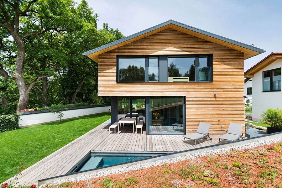 Relaxing deck and pool area of the modern house in Bavaria