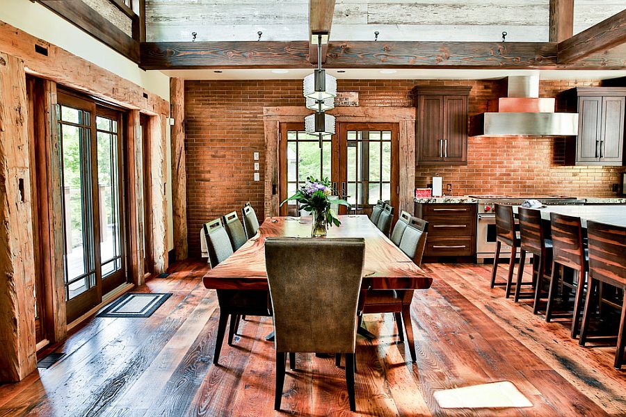 Rustic dining room design with brick wall