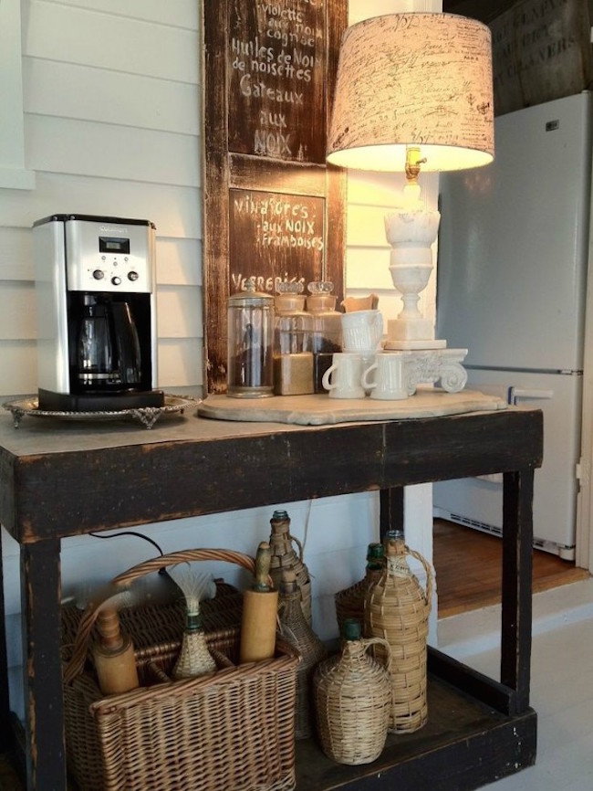 Rustic table and accessories used for a coffee station