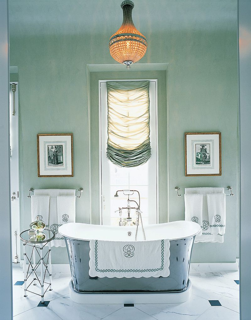 Serene and pleasing bathroom with custom silk window shade and an air of opulence [Design: Branca, Inc.]