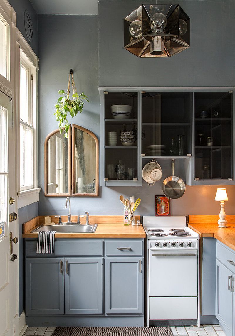 Shale makes a big visual impact in the small kitchen [Design: Logan Killen Interiors]