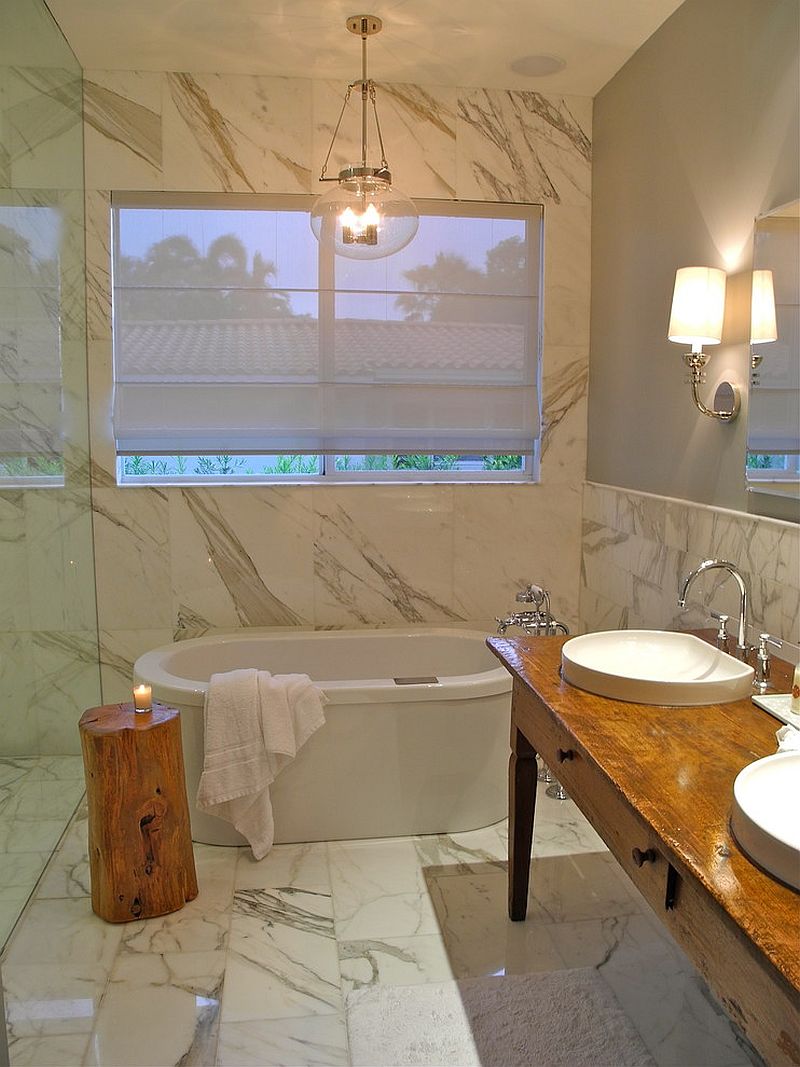 Side table completes the tranquil, spa-like look in the bathroom [Design: B.Design]