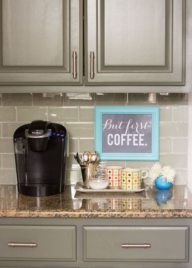 Small coffee station on a kitchen countertop