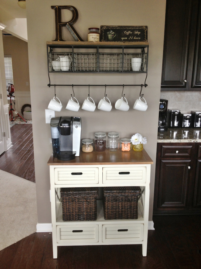 Small coffee station that fits perfectly along a section of the kitchen wall