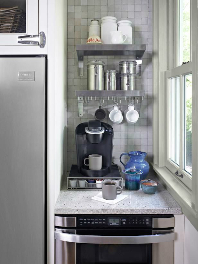 Small kitchen countertop section used for a coffee station