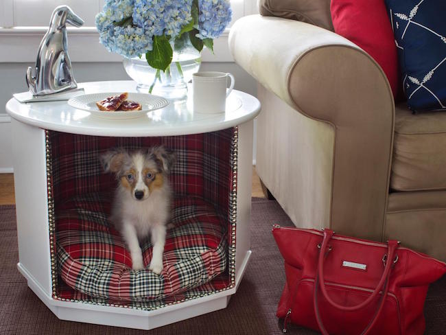 Small living room table with stylish and comfortable dog bed