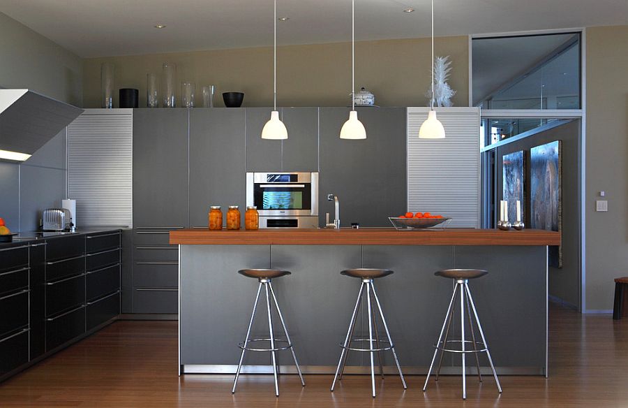 Sparkling kitchen in gray with metallic finishes [Design: Webber + Studio, Architects]