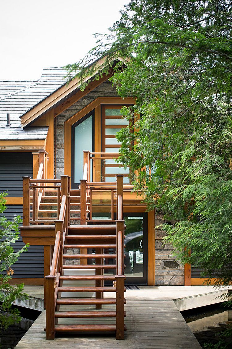 Staircase leading to the lovely rustic retreat in Canada