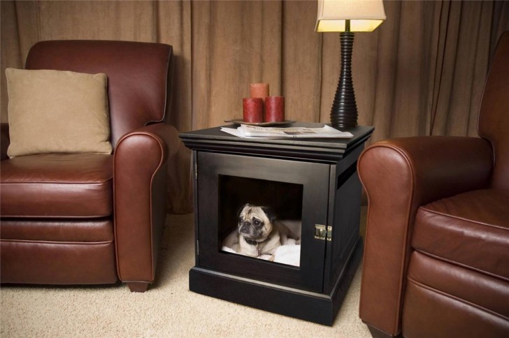 Stylish dog bed and crate built into a small table