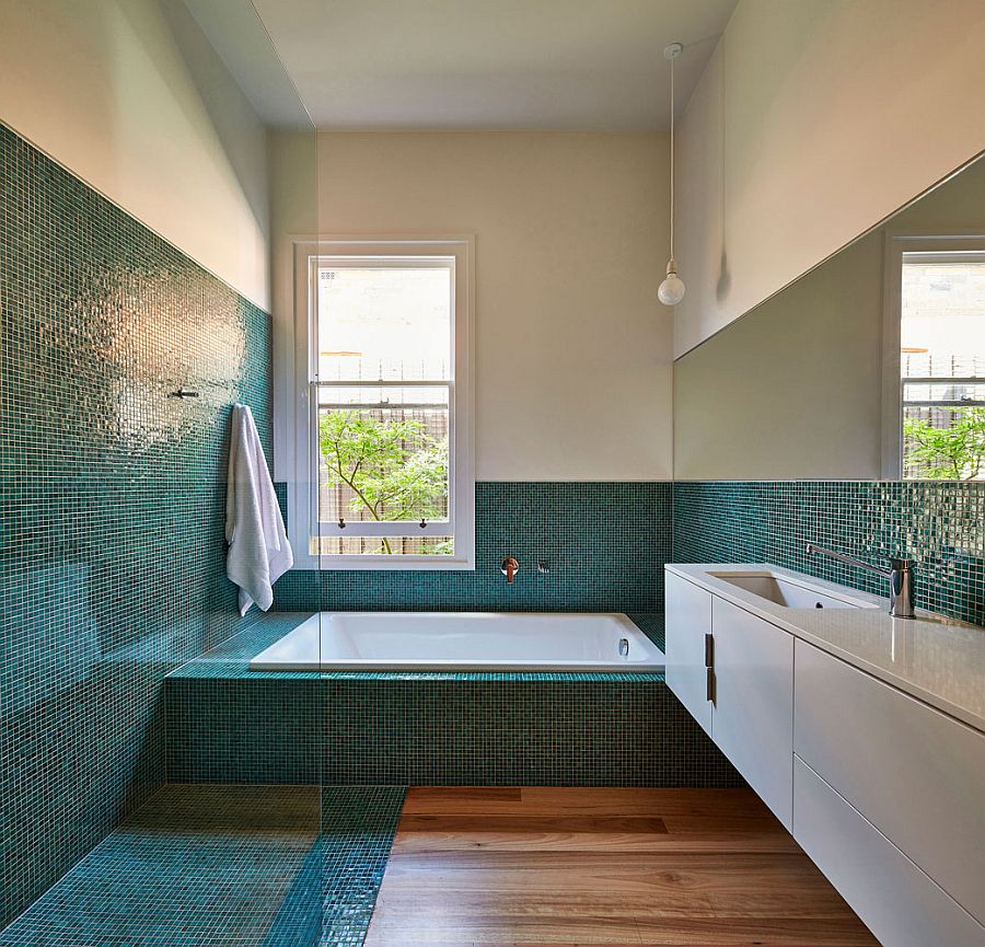 Tiles add color and sparkle to the contemporary bathroom