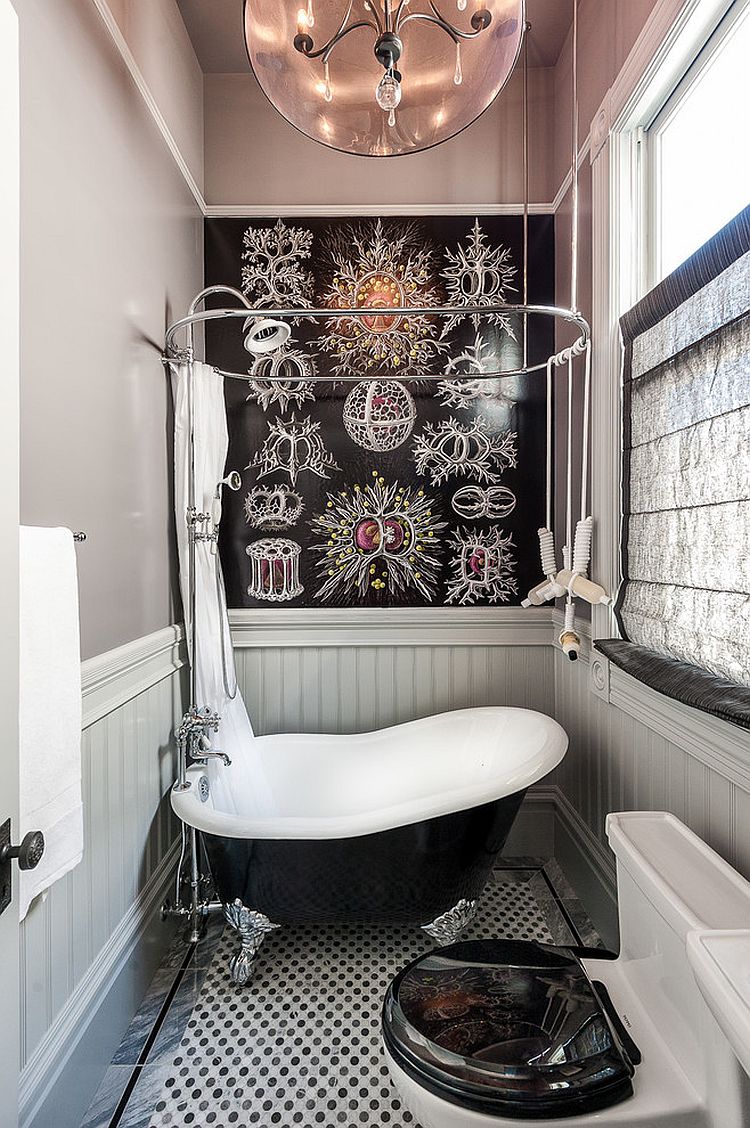 Tiny bathtub and wallpapered wall for the small Victorian bathroom