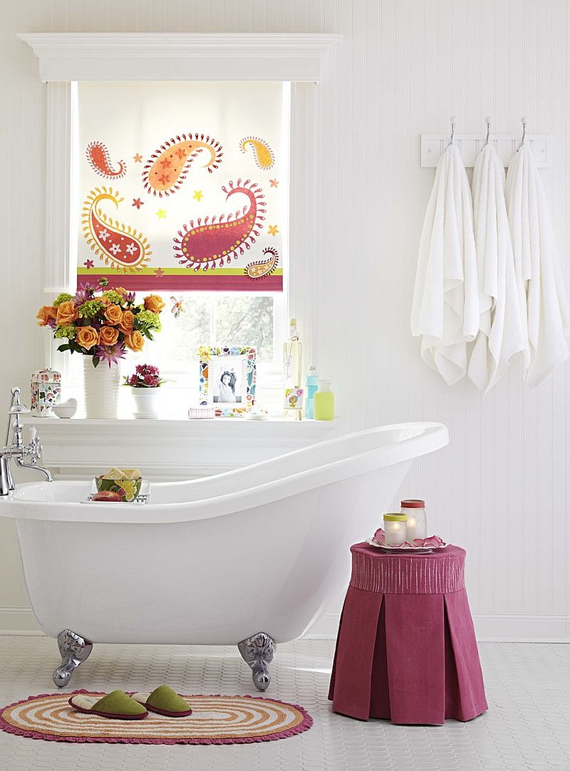 Tiny stool adds color to the neutral backdrop of the stylish bathroom [Design: Lowe's Home Improvement]