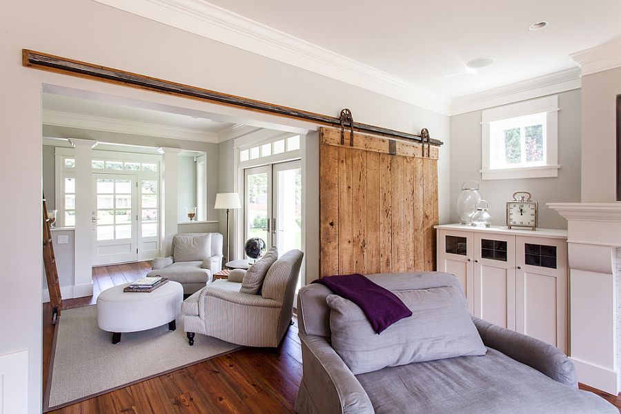 Traditional living room with sliding barn door