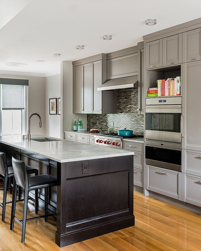 Transitional kitchen with traditional cabinets in gray