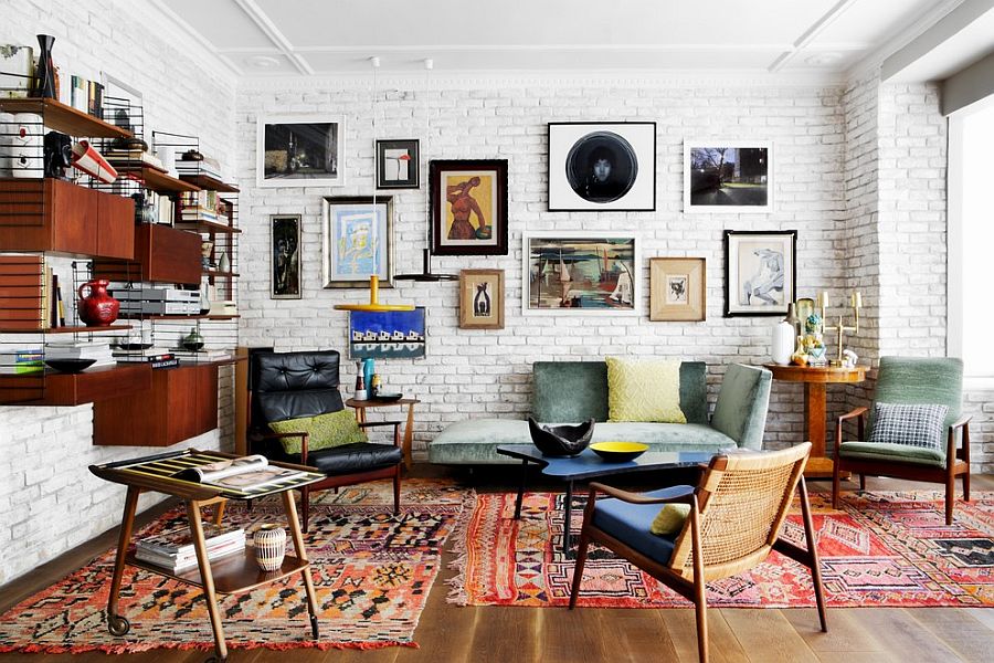 Vivacious eclectic living room with a fabulous brick wall backdrop