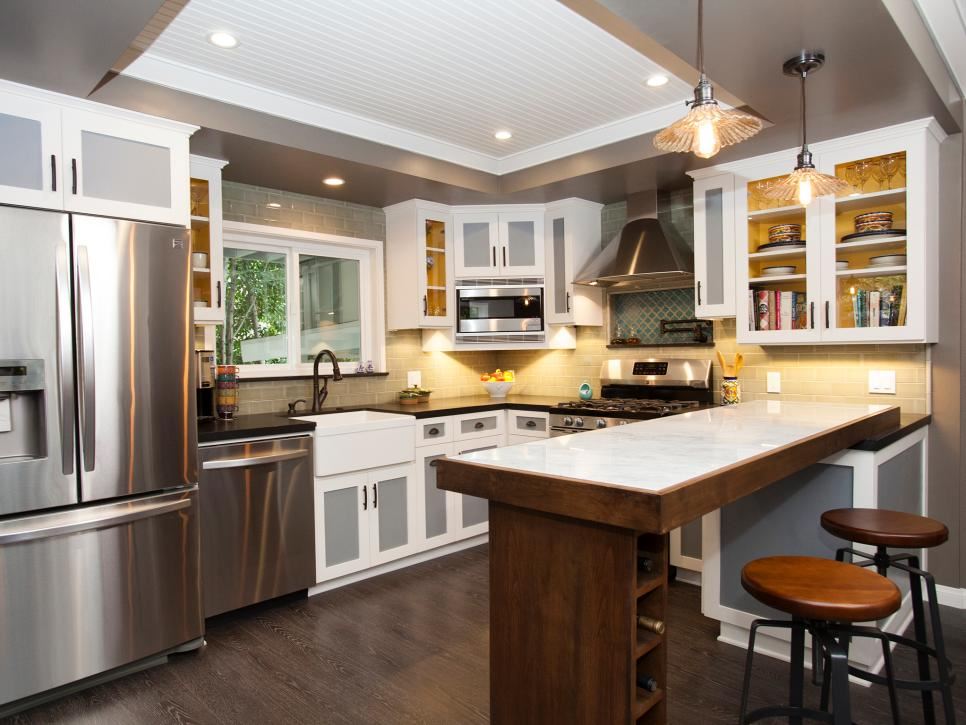 White recessed ceiling in a grey kitchen