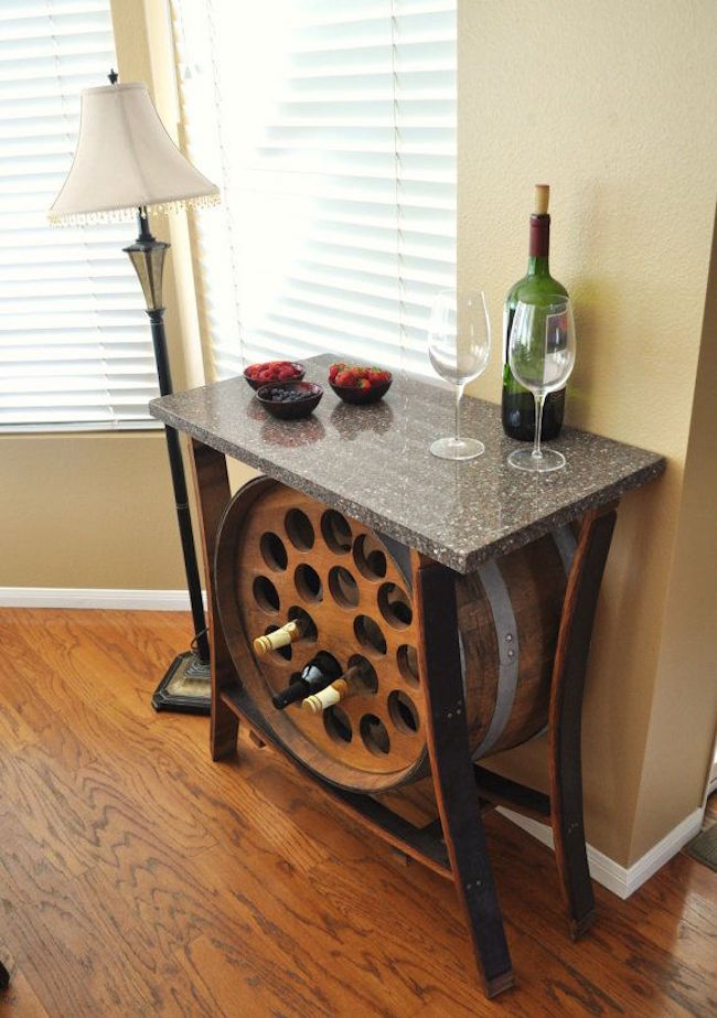 Wine barrel table with built-in wine rack