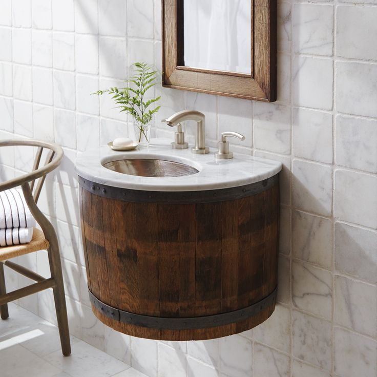 Wine barrel vanity mounted to the wall