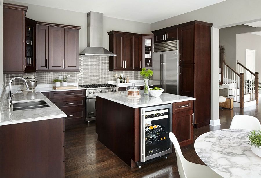 Wine rack integrated into the small kitchen island design