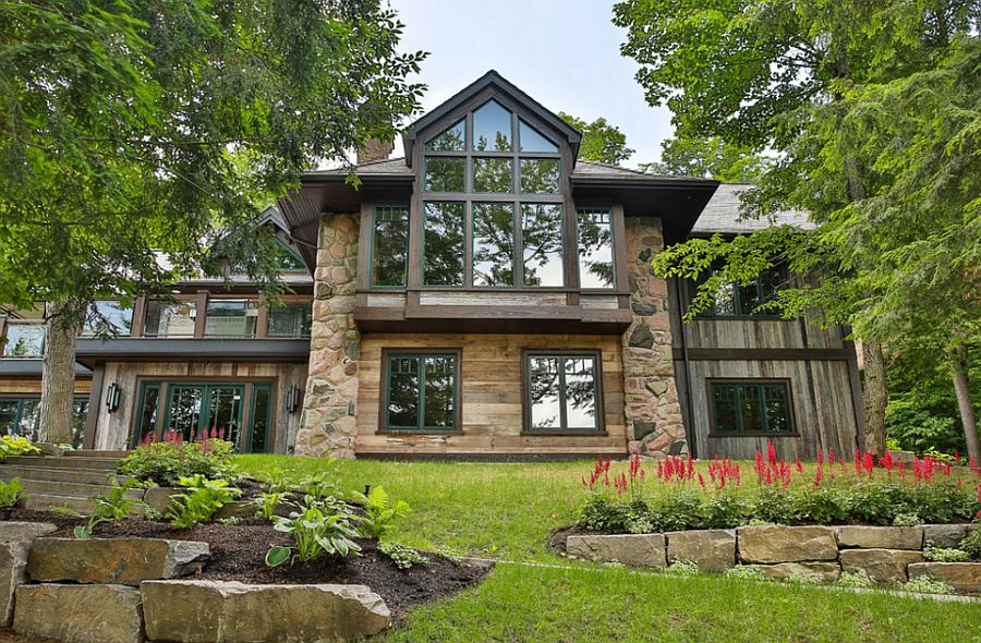 Wood, stone and glass exterior of the Rosseau Retreat in Ontario