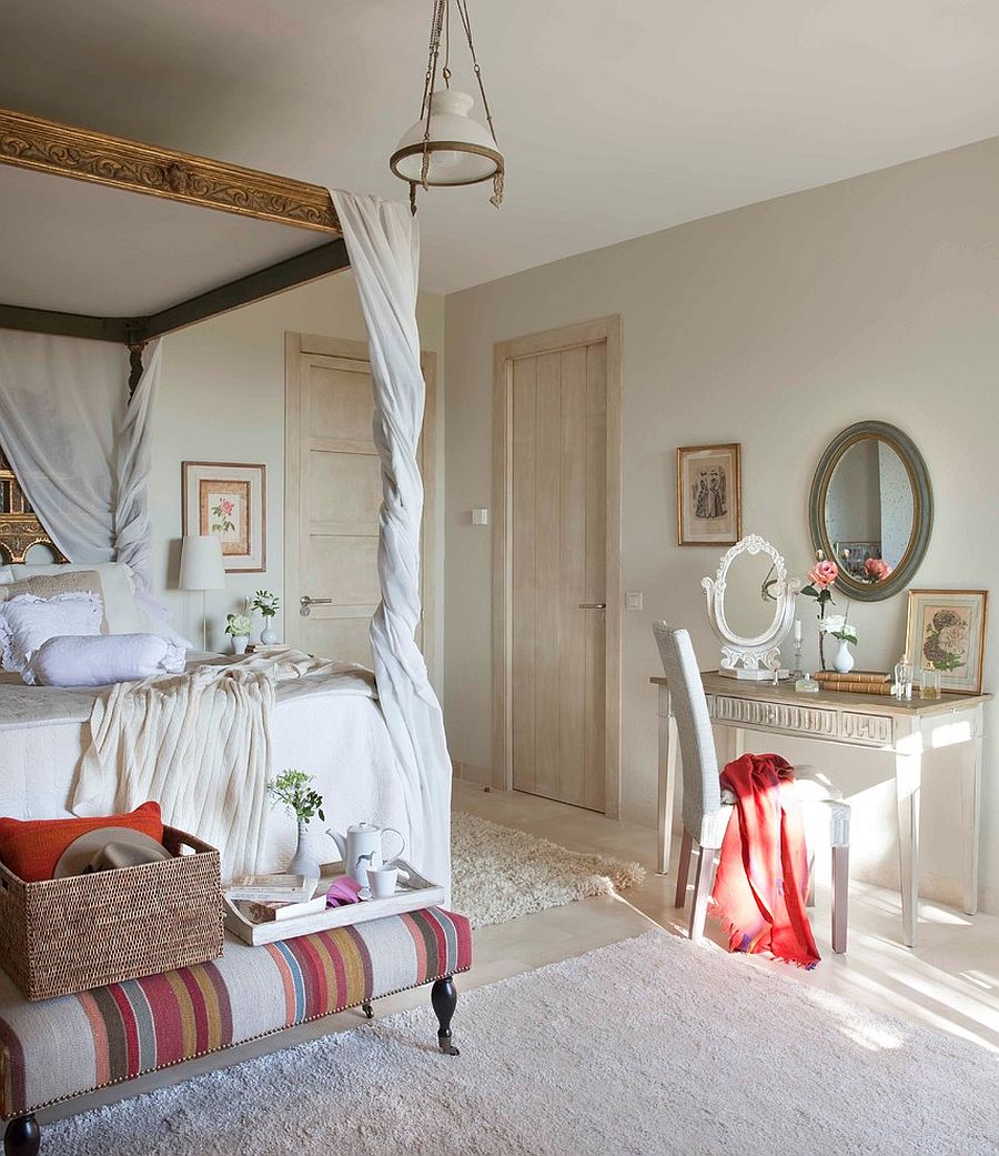 Wooden frame of the bedroom draped in cloth balances contrasting textures [Design: Dafne Vijande]