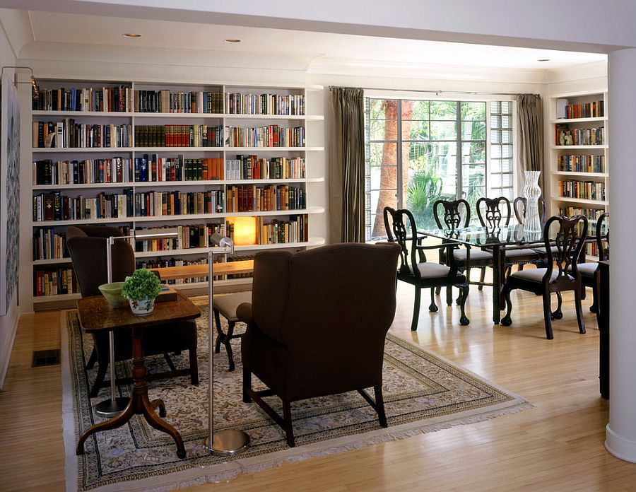 A dedicated reading zone in the large dining room adds to the appeal of the library setting