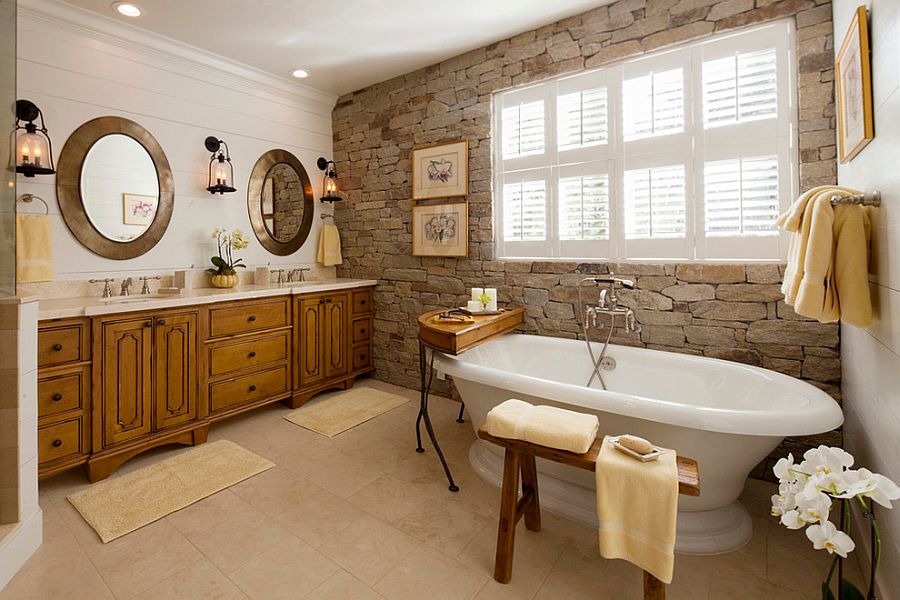 A wonderful blend of modern and traditional styles in the bathroom with stone wall