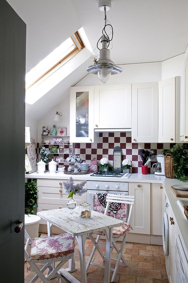 Ample natural light, color scheme and shabby chic style fashion a lovely attic kitchen [Design: Catherine Sandin]