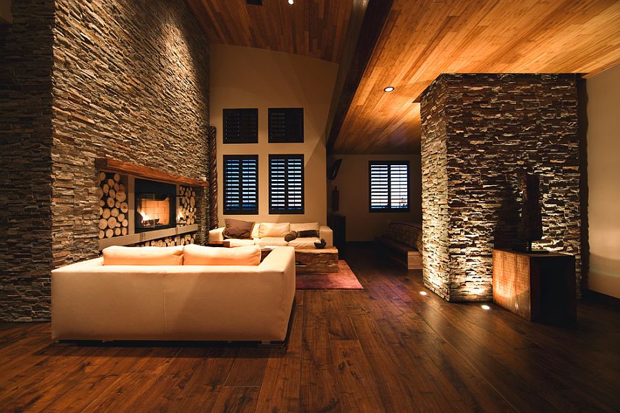 Beautiful in-floor and recessed lighting used to create a cozy ambiance in the living room