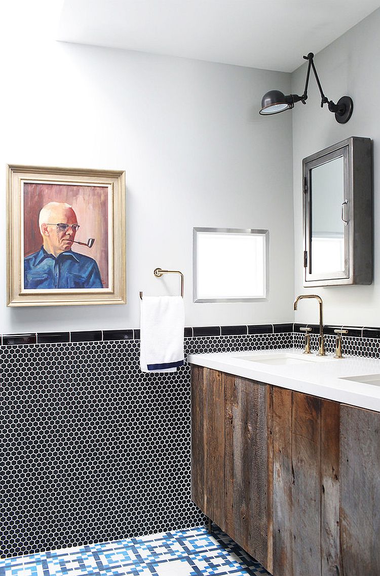 Beautiful reclaimed wood vanity is a trendy way to add warmth to the contemporary bathroom [Design: Black Lacquer Design]