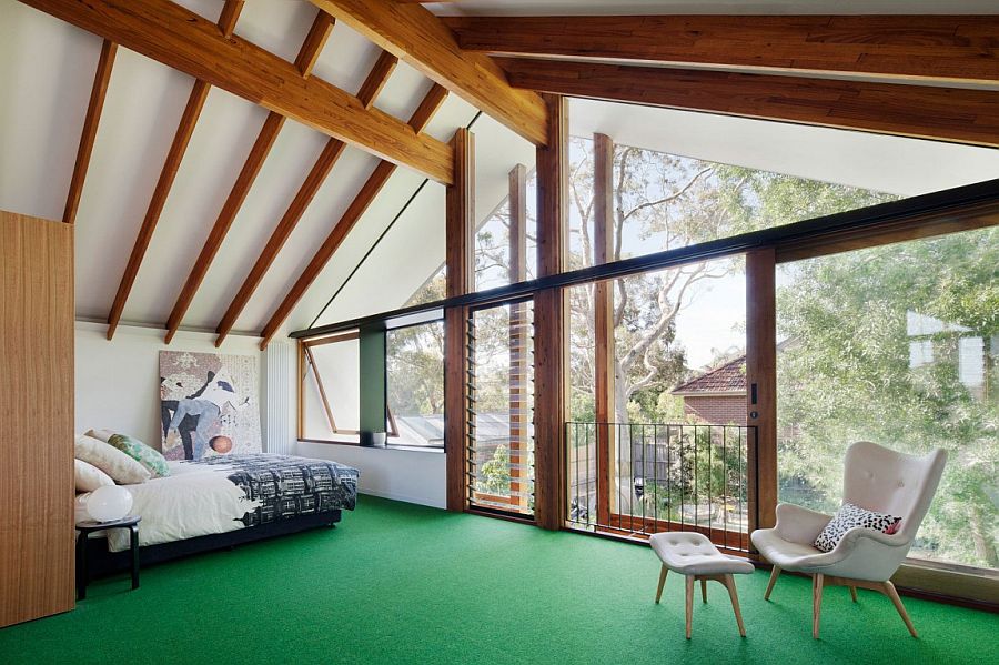 Bedroom on the top level overlooking the yard