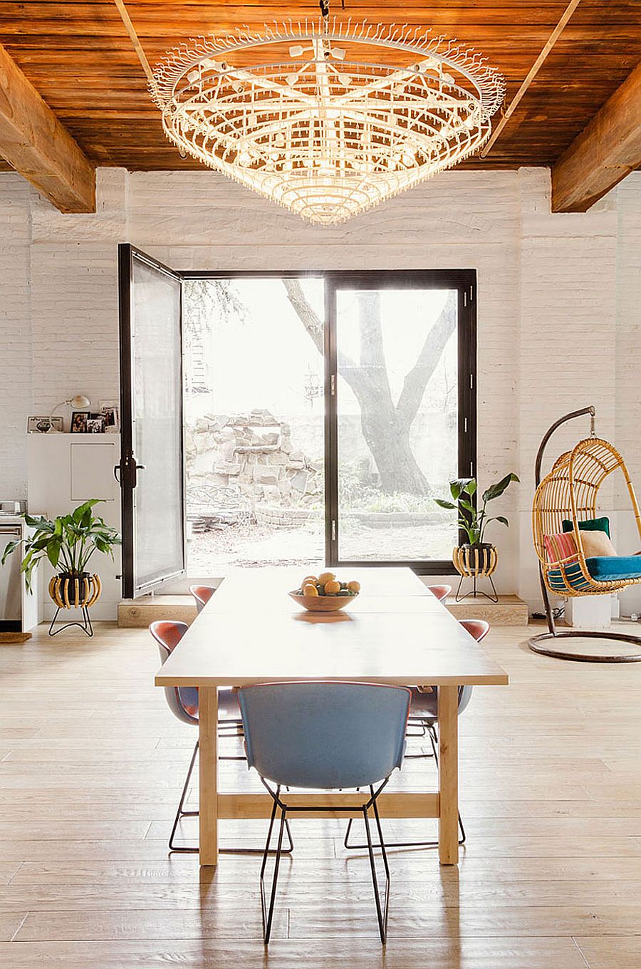 Brick walls and woodsy ceiling of industrial loft in New York