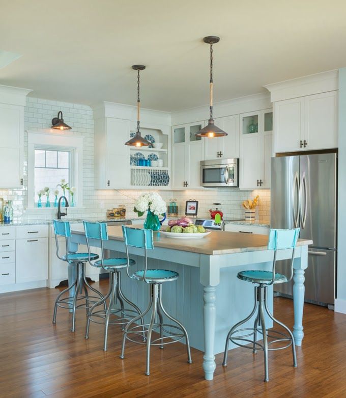 Bright blue bar stools that go with the kitchen island