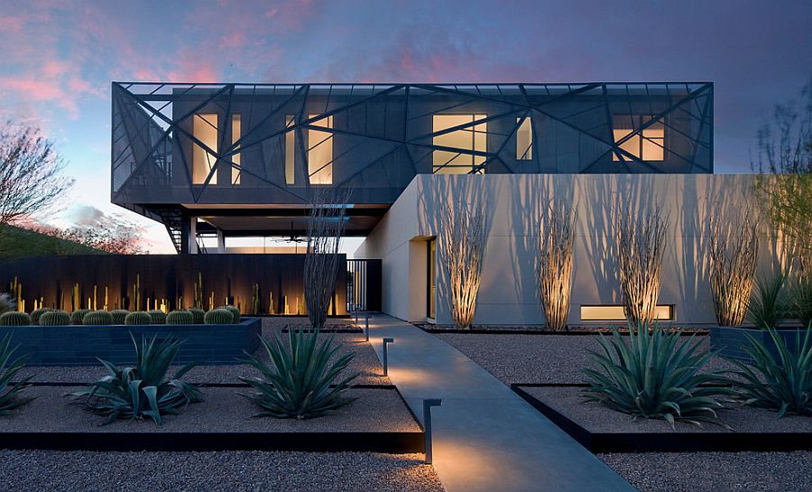 Brilliantly lit contemporary landscape around sculptural Las Vegas home