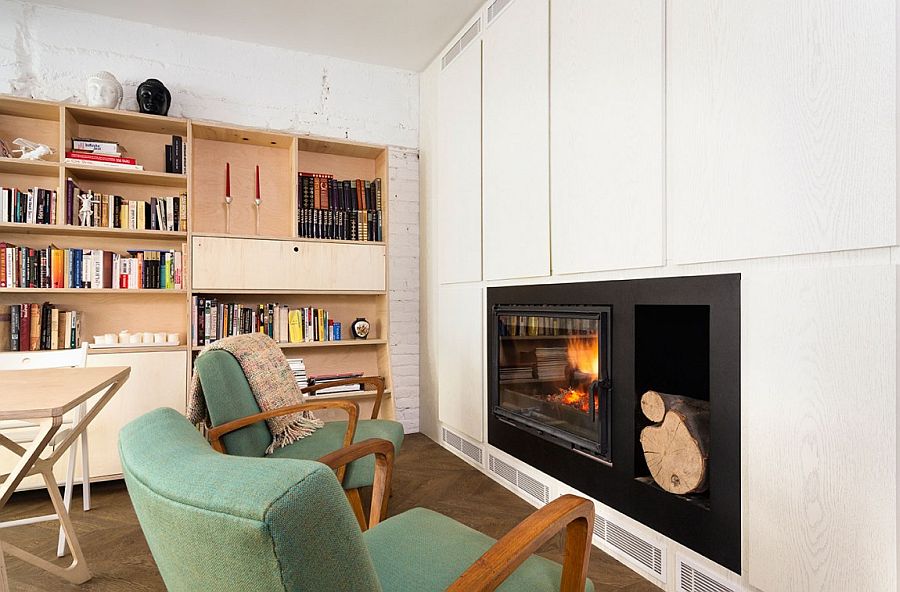 Cabinest around the fireplace provide additional storgae space