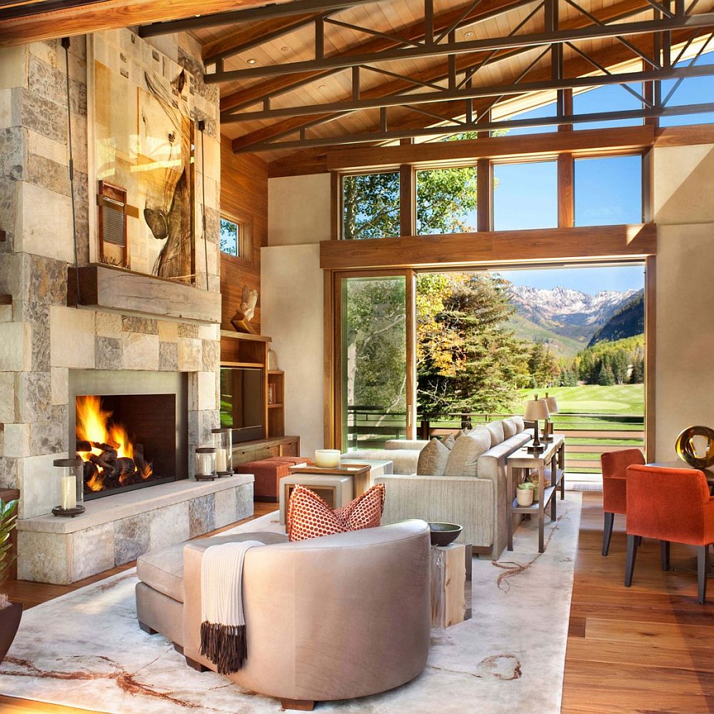 Captivating use of Colorado sandstone and split brownstone for the fireplace wall