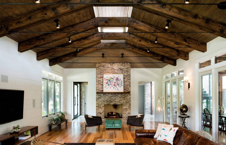 Ceiling spotlights in a modern eclectic living room