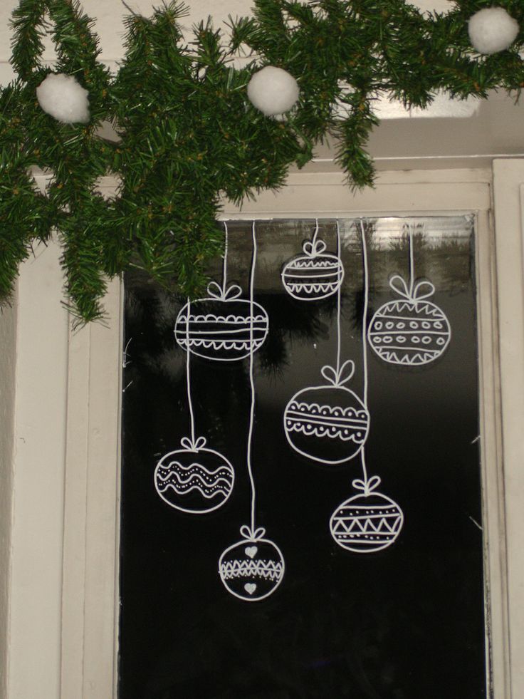 Christmas ornaments draw on window with temporary white marker.