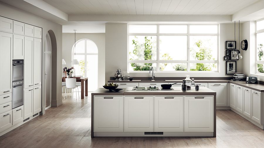 Clean, straight lines bring contemporary aesthetics to the shabby chic kitchen