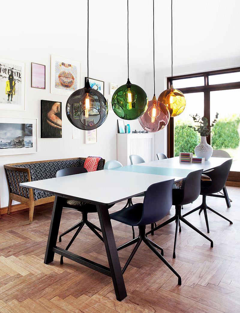 Colorful orbs above the dining table breathe life into the curated, contemporary dining room [From: UnoLiving]