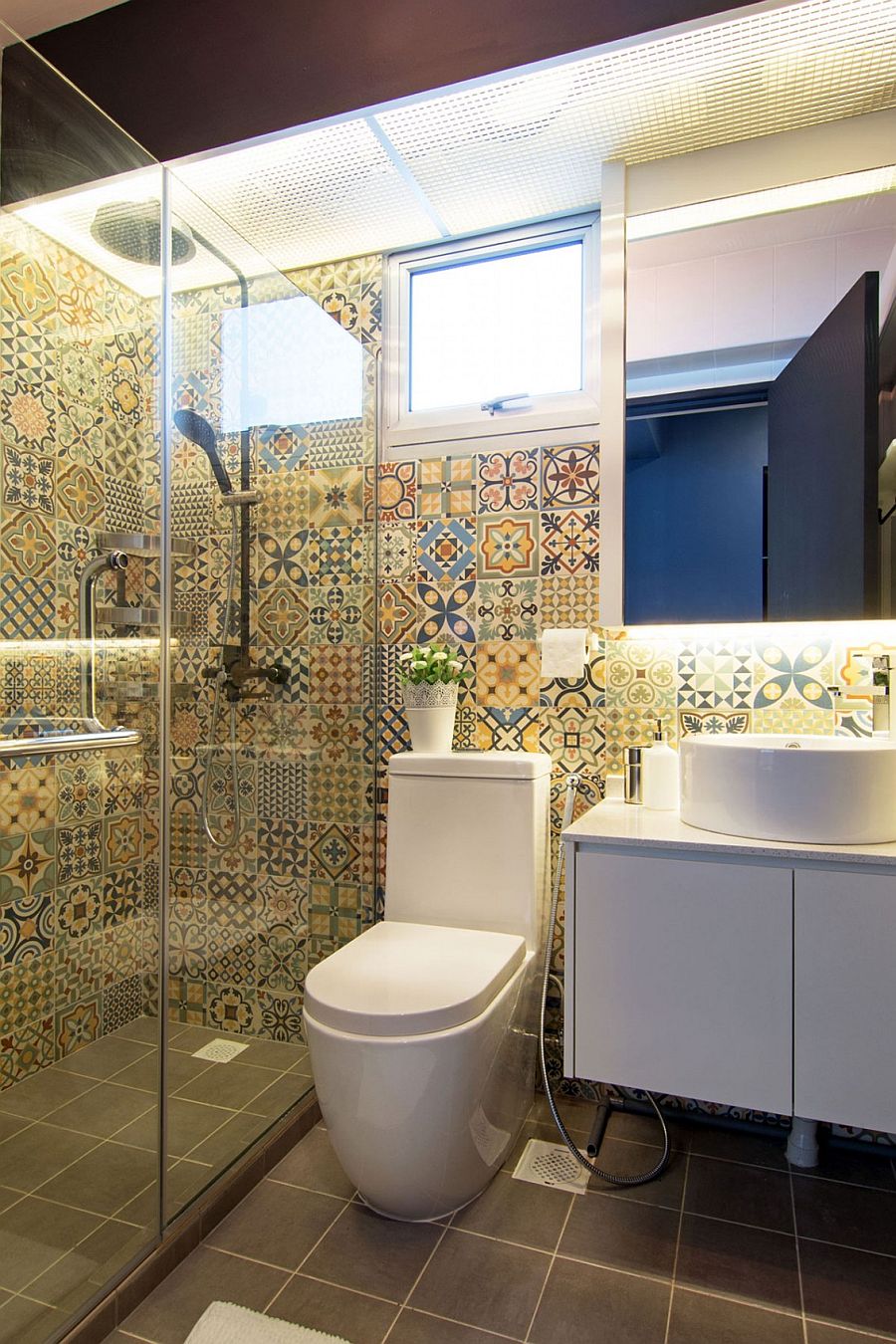 Colorful tiless give the modern bathroom a playful appeal