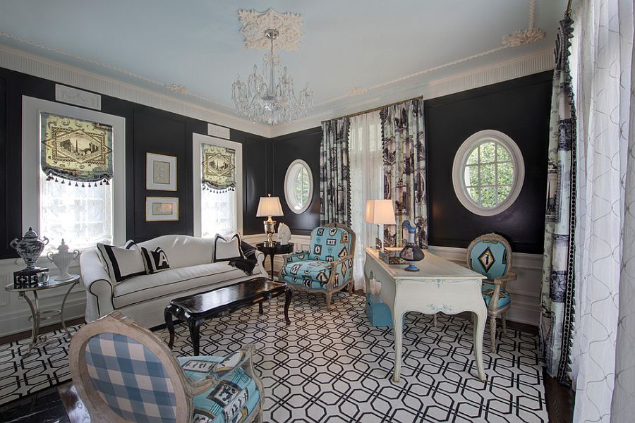 Cool blue chairs blend in with shades of gray in the room