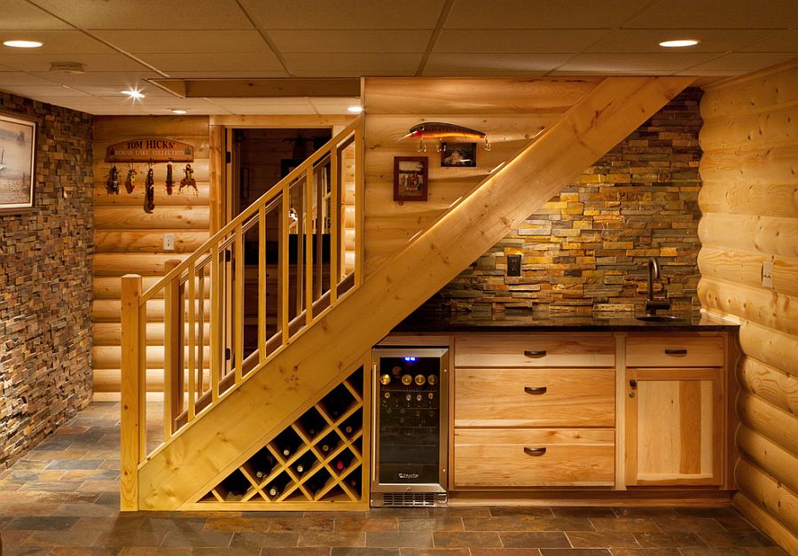 Cool wet bar and wine storage area under the staircase [Design: Holiday Kitchens]