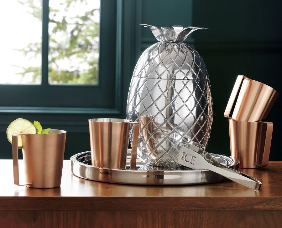 Copper mugs and pineapple ice bucket from CB2