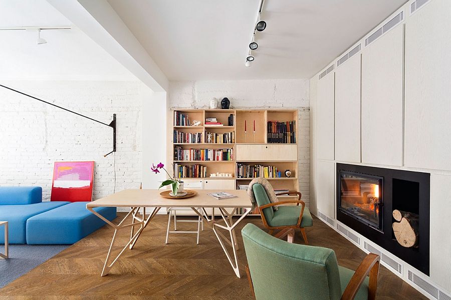 Cozy fireplace in the living room also serves the dining space - workarea