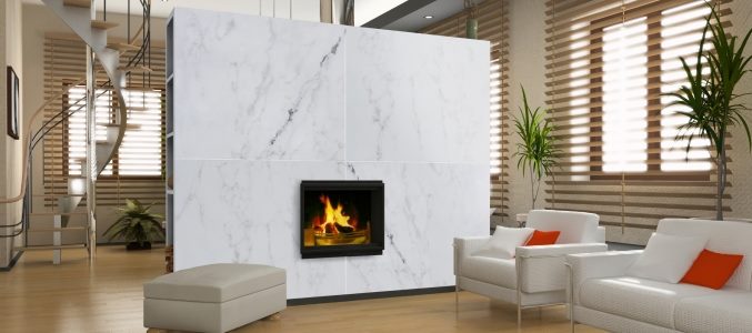 Cozy modern living room with a marble fireplace