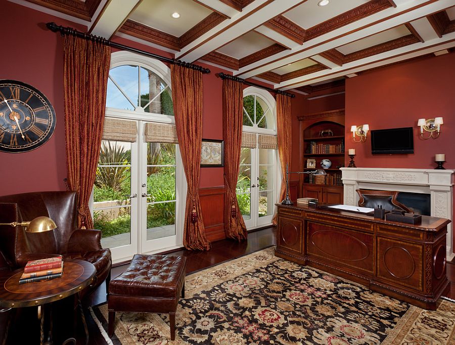 Crimson walls and coffered ceiling steal the show in this transitional home office [Design: SO/DA]